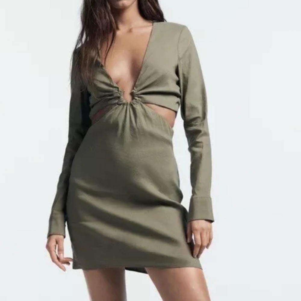ZARA SEXY LINEN BLEND SHORT DRESS LONG SLEEVE OLIVE GREEN CUT OUT MINI XS